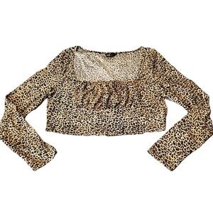 SHEIN Women's Square Neck Ruched Bust XL Cropped Long Sleeve Leopard Cheetah Y2K